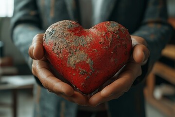 Poster - The concept of love and affection is represented by a man holding a red heart