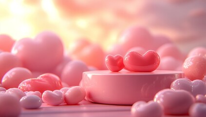 Poster - The Valentines Day Pink Podium With Hearts With Gradient Mesh serves as a background for product symbols of love in 3d valentines day settings