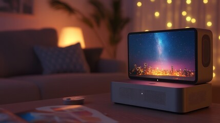 Poster - projector with a stylish exterior, high-definition output, and built-in streaming capabilities for a movie theater experience at home