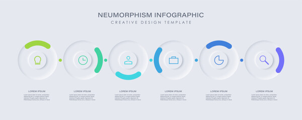 Poster - neumorphic infographic design template with 6 circular elements with icons.