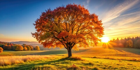Wall Mural - A single tree ablaze with autumnal colors dominates the rural landscape, offering serene copy space.