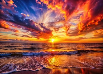 Wall Mural - Breathtaking sunset bathes the coastal scene in golden light, creating a dramatic seascape of serene waters.