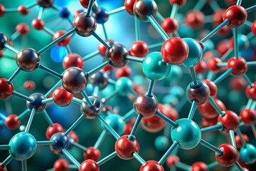 Poster - Microscopic 3D Molecular Structure: Vibrant Red & Teal Atoms, Abstract Scientific Visualization
