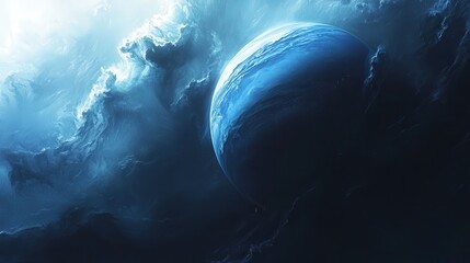 Wall Mural - neptune and its stormy atmosphere, revealing the mysterious dark spots and fast-moving white clouds 