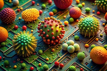 Poster - Microscopic Virus Models on Circuit Board: Colorful Abstract Food Photography