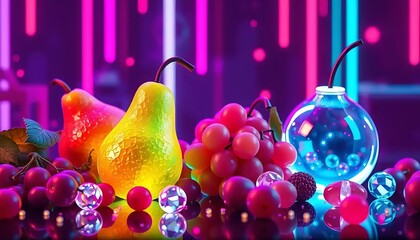 Poster - Bright neon fruit display featuring pears grapes and cherries