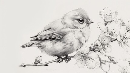 Wall Mural - A simple pencil drawing of a small bird on a branch with flowers