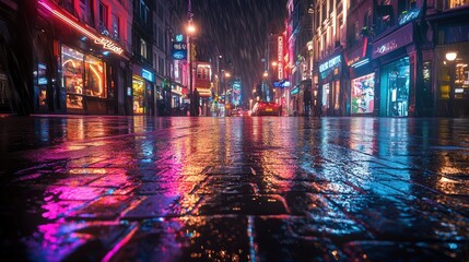 Poster - cityscape with neon reflections shimmering on wet streets.