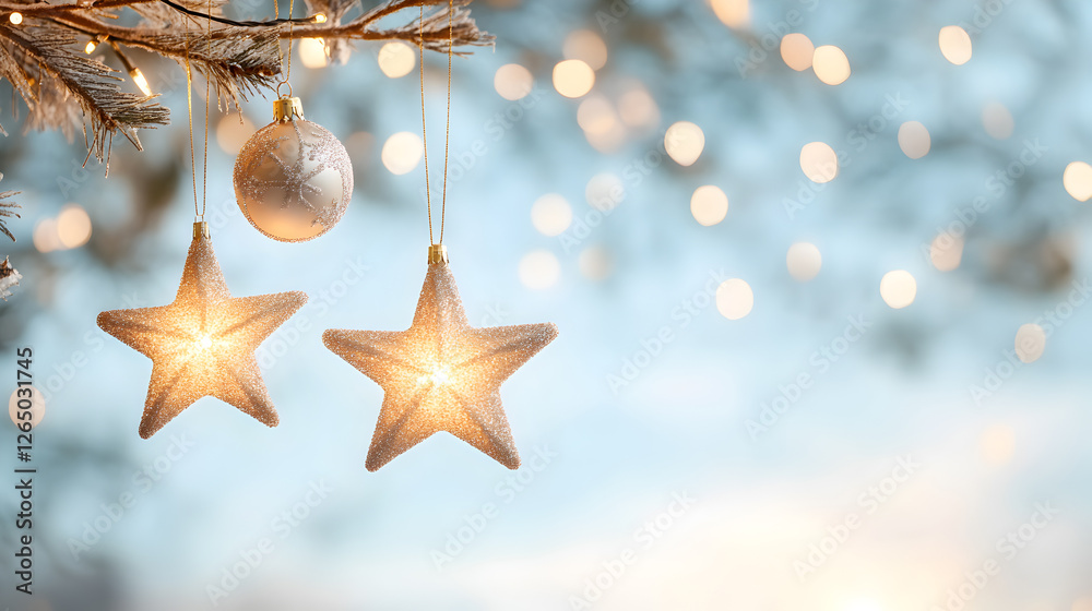Glittering star-shaped Christmas ornaments and delicate white baubles hanging from a frosted tree branch with warm fairy lights in the background. Perfect for holiday decorations. Selective focus