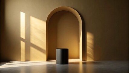 Poster - Minimalist Black Arched Pedestal Silhouette on Neutral Wall - Elegant Product Display Background