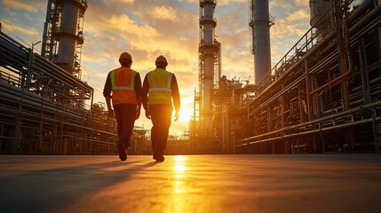 Wall Mural - Two industrial workers in safety vests walking towards sunset at oil refinery with towering structures and pipes in the background