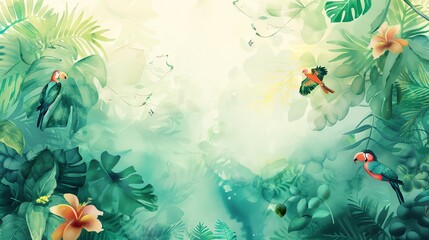 Wall Mural - A tropical illustration with toucans and hibiscus flowers in a lush green jungle.