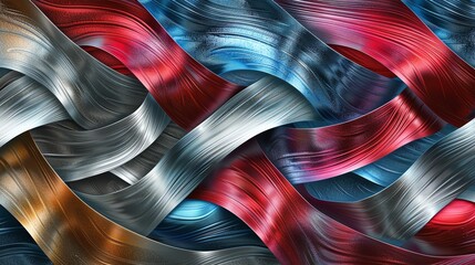 Poster - Abstract background of colorful wavy ribbons in red, blue, silver, and gold.