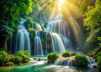 Wall Mural - Nature's beauty captured: a dramatic waterfall, vibrant greenery, and exquisite bokeh create stunning images.