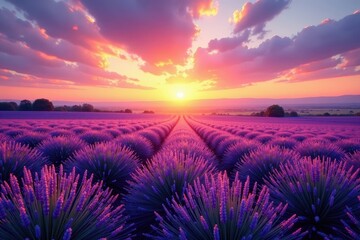 Wall Mural - Sunset hues paint lavender field, breathtaking vista, sunset landscape, violet