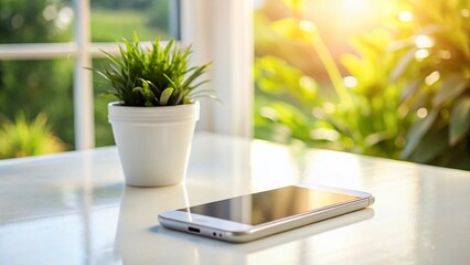 Poster - Minimalist White Smartphone Mockup on Table with Plant, Landscape Photography