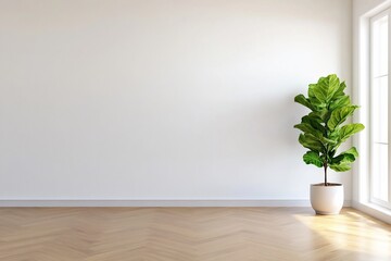 Poster - Fiddle-leaf fig in a white pot near window in bright empty room. For decoration