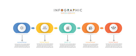 Poster - 5 steps infographic design template, infographic progresses horizontally from left to right, indicated by the prominent orange arrows connecting each stage. Instructional graphics with 5 options.