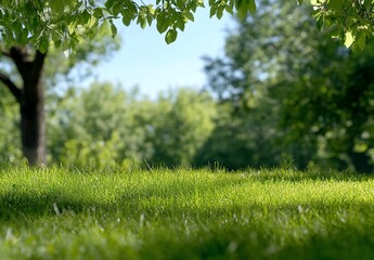 Wall Mural - Grass Lawn in a park with trees under sunbeams background for advertising