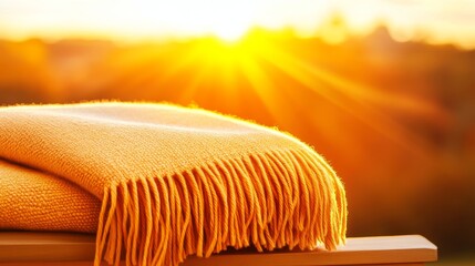 Wall Mural - Cozy yellow blanket draped over a railing, basking in the warm glow of a sunrise