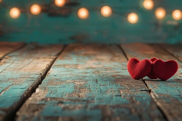 Wall Mural - Pink hearts are arranged on a wooden table, positioned against a delicate, blurred bokeh backdrop, embodying the idea of love on Valentine's Day