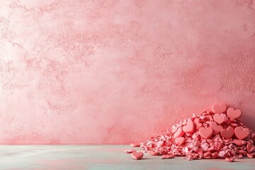 Poster - The pink podium background, designed for Valentine's Day, features 3D rendered symbols of love, perfect for women's holiday products