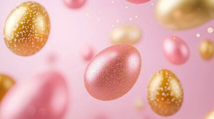 Poster - Shimmering golden and pink Easter eggs swirl playfully in mid-air, casting light reflections against a soft, pastel pink background, evoking a festive atmosphere of joy and celebration