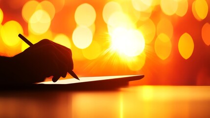 Wall Mural - A person writes on a tablet against a vibrant sunset backdrop with glowing bokeh light