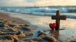 © Halina Berah - Divine love and spiritual redemption are symbolized by a wooden Christian cross and a red heart that sit on a gravel-covered ground