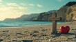 © Halina Berah - On a ground covered with gravel, a wooden Christian cross and a red heart sit, symbolizing divine love and spiritual redemption