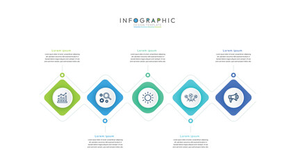Aufkleber - Horizontal timeline with 5 circular, square elements, clean and modern infographic template designed for easy data visualization. It features five distinct sections, modern infographic template design
