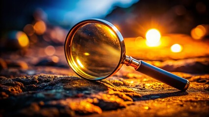 Poster - Nighttime Detective: Magnifying Glass Close-Up on Clues, Mystery, Investigation, Discovery