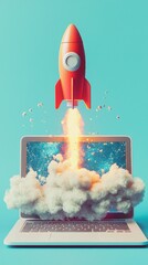 Poster - This striking image features a colorful rocket launching from a laptop, surrounded by cloud smoke, emphasizing themes of exploration, technology, and limitless possibilities.