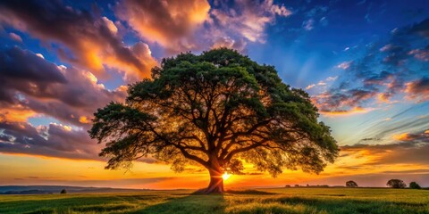 Wall Mural - Documentary photography: a lone tree's silhouette against a fiery sunset, majestic and powerful.