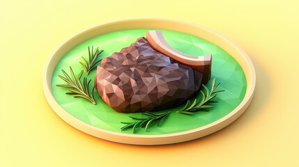 Wall Mural - Low Poly Render of Delicious Grilled Steak with Rosemary on Plate