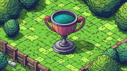 Wall Mural - Enchanting Stone Goblet Fountain in Lush Green Garden Isometric View