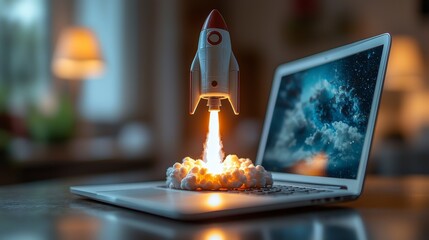 Poster - This striking illustration depicts a rocket launching from a laptop surrounded by colorful clouds, representing the explosive power of ideas and the magic of technology.
