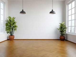 Poster - Bright, spacious room with plants, exposed brick wall and hardwood floor decor