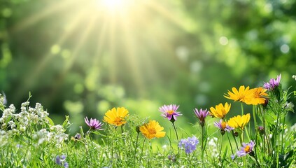 Wall Mural - Wildflowers bloom in a vibrant meadow on a sunny day. Background blur