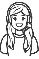 Fototapete - Simple line art icon of a female customer service representative, wearing a headset and smiling with eyes closed. 