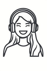 Fototapete - Simple line art icon of a female customer service representative, wearing a headset and smiling with eyes closed. 