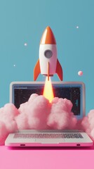 Poster - A colorful rocket takes off from a laptop, surrounded by fluffy clouds, embodying the idea of technological advancements and creativity in a visually engaging display.