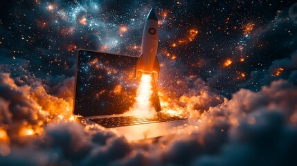 Poster - An extraordinary image featuring a rocket in flames launching from a laptop screen, illustrating the explosive power of innovation and the infinite possibilities of technology and exploration.