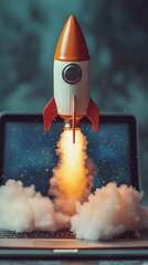 Poster - This enchanting image portrays a rocket launching from a laptop, surrounded by clouds that evoke a sense of wonder and the boundless potential of technological advancement.