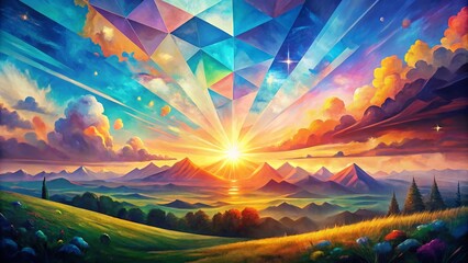 Poster - Panoramic Hand-Painted Geometric Sunrise Illustration: Vibrant Morning Shapes
