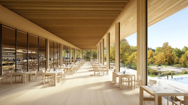 Open caf with sunlight and light-colored wood design