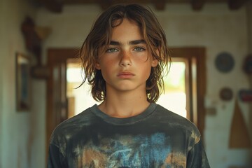 Poster - Young boy with long hair stands in an artistic room with natural light