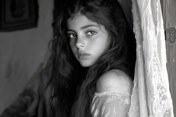 Poster - Young girl with long hair gazes thoughtfully from a rustic room with natural light illuminating her face