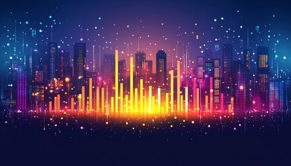 Poster - Vibrant City Skyline with Abstract Financial Data Visualization, Column Charts, and Line Graphs