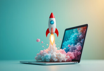 rocket coming out of laptop screen. generative ai